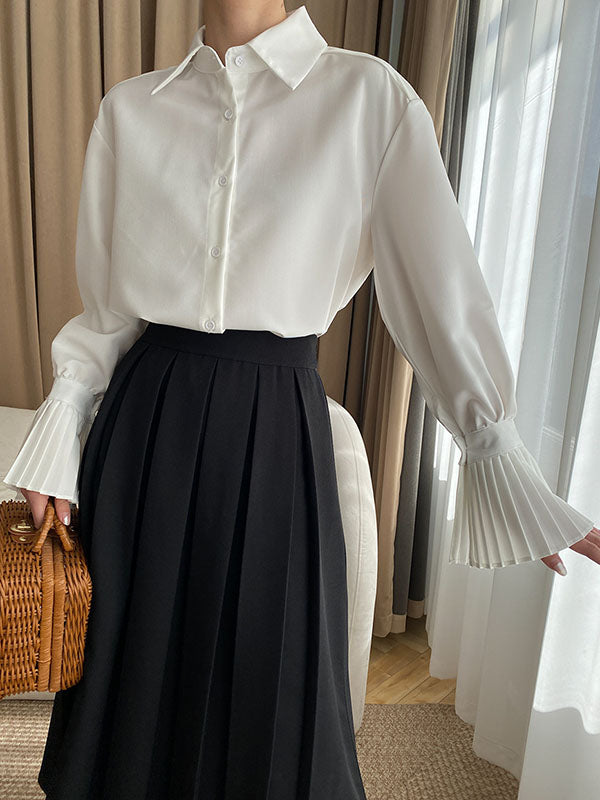 flowersverse Solid Color Flared Sleeves Lapel Blouses&Shirts Tops