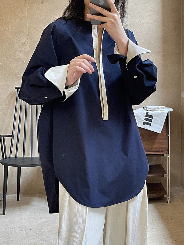 flowersverse Urban Long Sleeves Loose Contrast Color Round-Neck Blouses&Shirts Tops