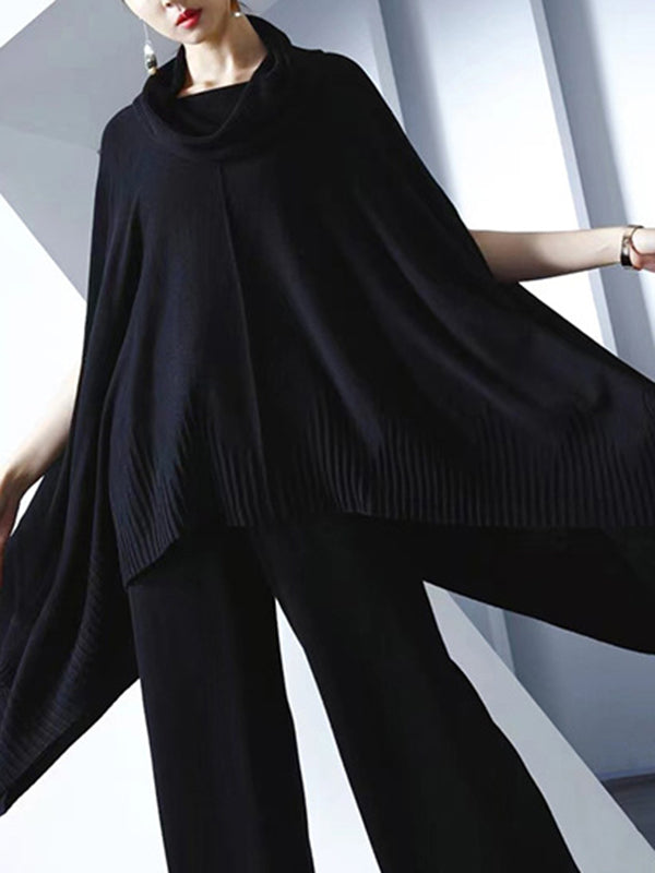 flowersverse Solid Color High-Low Long Sleeves Heaps Collar Sweater Tops Pullovers