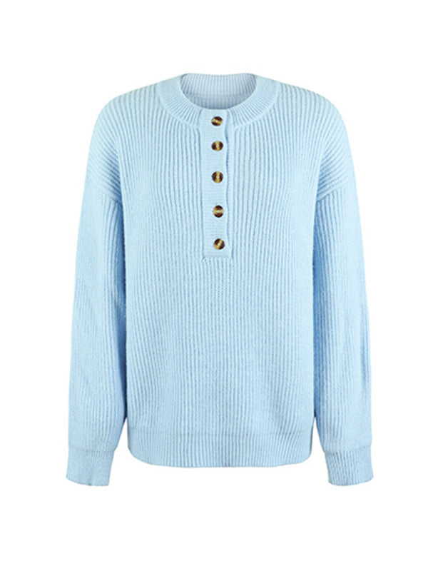 flowersverse Casual Long Sleeves Solid Color Round-Neck Sweater Tops