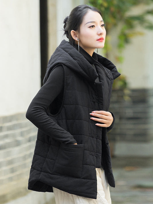 flowersverse Simple Sleeveless Loose Keep Warm Cotton Quilted Solid Color Hooded Vest Outerwear