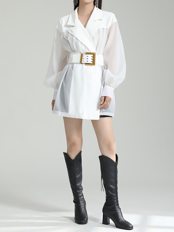flowersverse See-Through Split-Joint Tied Waist Loose Puff Sleeves Lapel Blouses&Shirts Tops