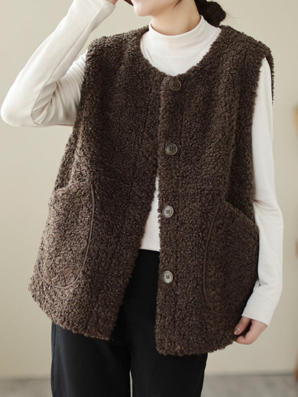 flowersverse Buttoned Pockets Loose Sleeveless Round-Neck Vest Outerwear