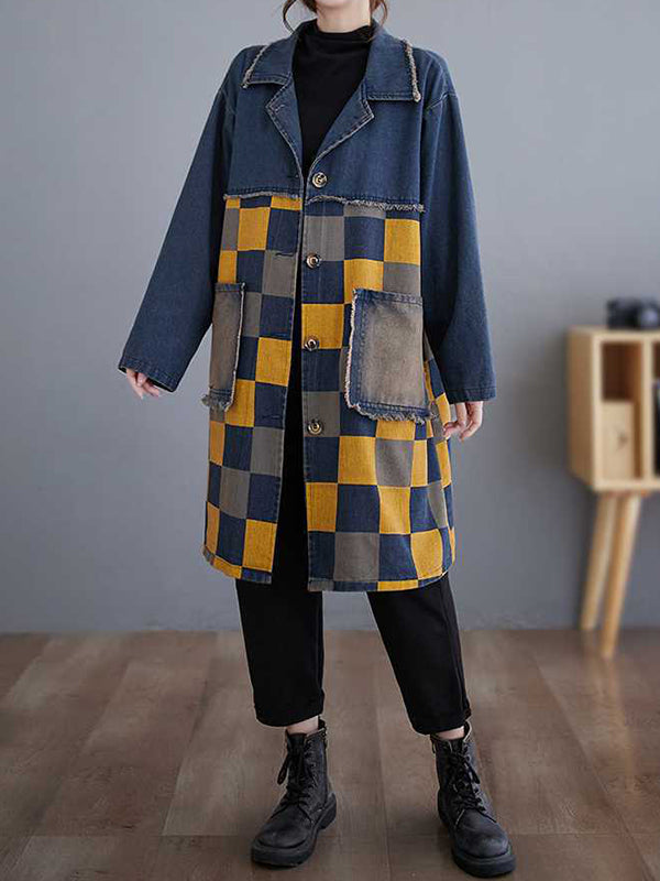 flowersverse Buttoned Fringed Plaid Pockets Split-Joint Long Sleeves Loose Notched Collar Denim Outerwear