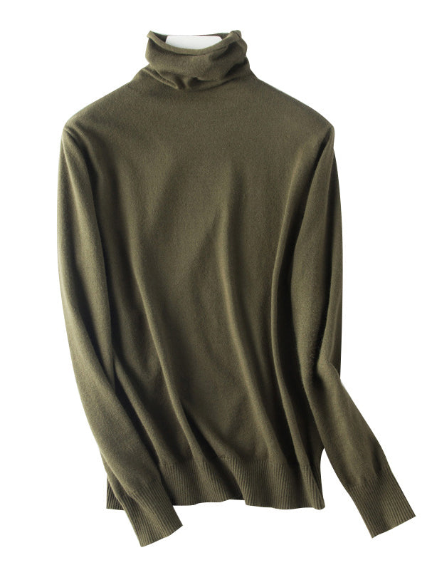 flowersverse Simple Loose Long Sleeves Solid Color High-Neck Sweater Tops