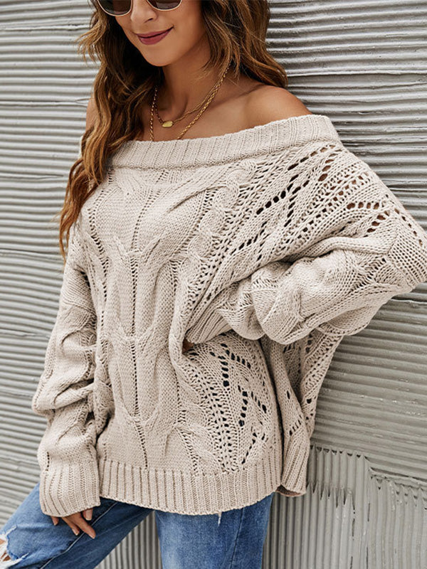 flowersverse Vintage Long Sleeves Loose Solid Color Off-The-Shoulder Sweater Tops