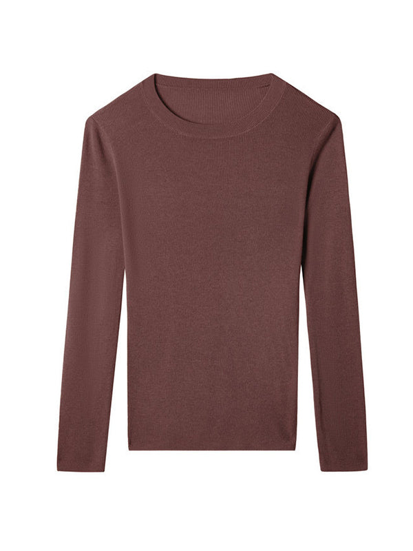 flowersverse Solid Color Long Sleeves Skinny Round-Neck Sweater Tops Pullovers Knitwear