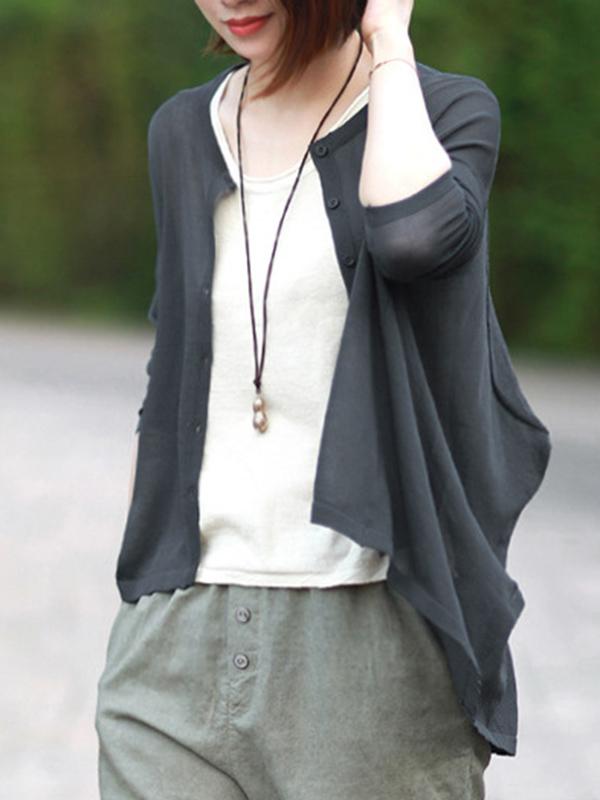 flowersverse Vintage Solid Loose Cropped Batwing Sleeve Knitting Outwear