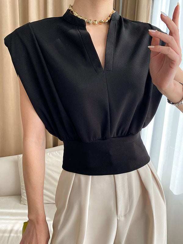 flowersverse Loose Sleeveless Split-Joint Solid Color V-Neck Vest Top