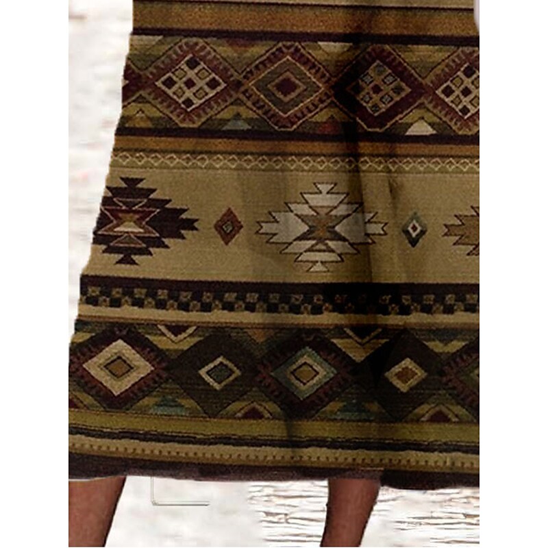 flowersverse Women's Casual Dress Shift Dress Swing Dress Floral Tribal Pocket Print V Neck Midi Dress Ethnic Tribal Outdoor Vacation Short Sleeve Regular Fit Brown Green Spring Summer S M L XL XXL