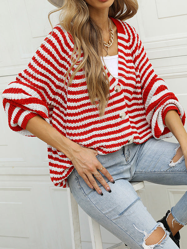 flowersverse Casual Loose Long Sleeves Striped V-Neck Cardigan Tops