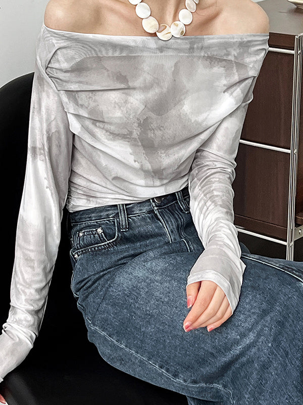 flowersverse Gauze Pleated Split-Joint Tie-Dyed Skinny Sun-Protection Off-The-Shoulder Blouses&Shirts Tops