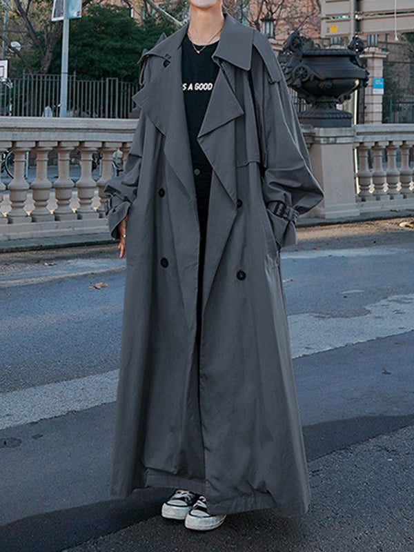 flowersverse Buckle Buttoned Split-Back Tied Waist Long Sleeves Loose Lapel Trench Coats Outerwear