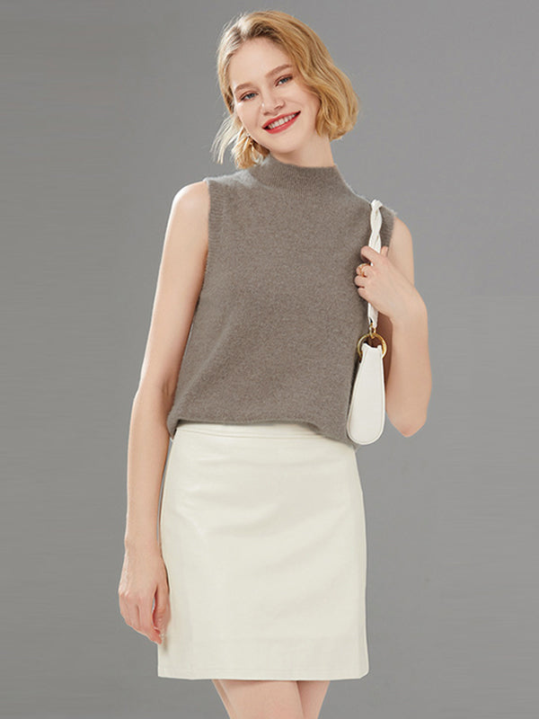 flowersverse Stylish Wool Sleeveless Solid Color Half Turtleneck Vest Top