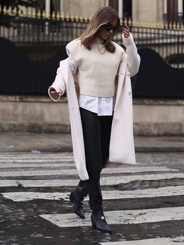 flowersverse Casual Cap Sleeve Solid Color High-Neck Sweater Tops Pullovers