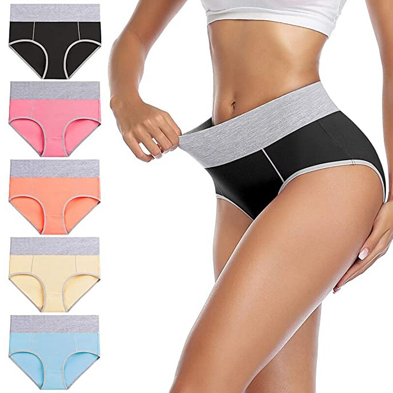 flowersverse Women's Plus Size Basic Vacation Pure Color Shaping Panty Stretchy High Waist Cotton 5 Pieces Green M