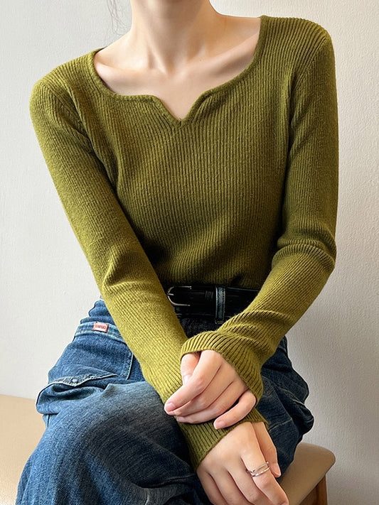 flowersverse Urban Skinny Long Sleeves Elasticity Solid Color V-Neck Sweater Tops Pullovers