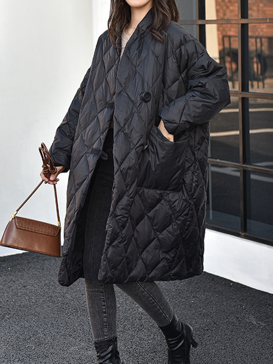 flowersverse Pockets Rhombic Split-Joint Long Sleeves Loose V-Neck Down Coat