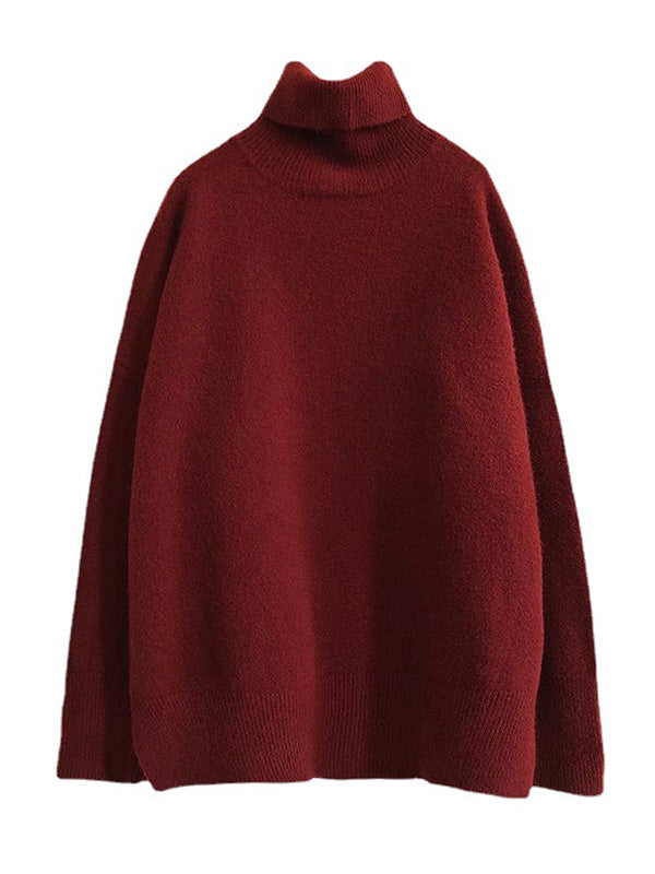 flowersverse Casual Long Sleeves Loose Solid Color High-Neck Sweater Tops