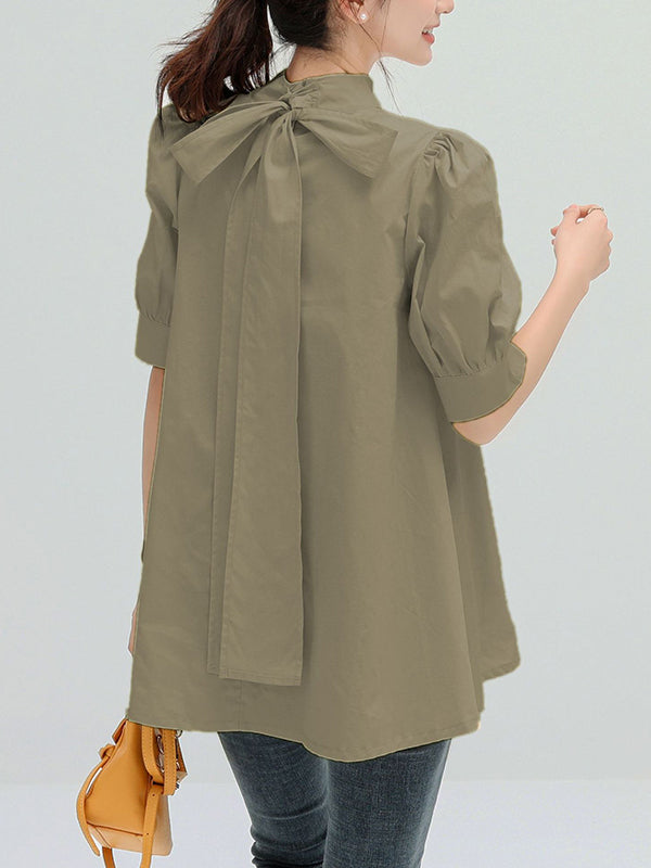 flowersverse Casual Loose Bow-Embellished Solid Color Blouse