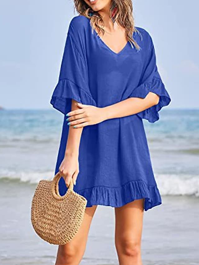 flowersverse Women's Cover Up Beach Dress Beach Wear Mini Dress Ruffle Casual Plain V Neck 3/4 Length Sleeve Loose Fit Outdoor Daily Black White Spring Summer One Size