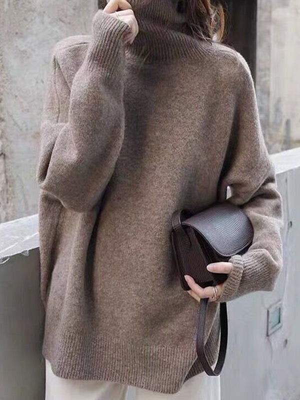 flowersverse Casual Loose Long Sleeves Solid Color High-Neck Sweater Tops