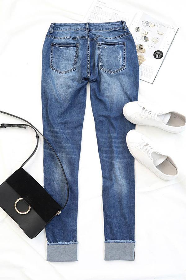 flowersverse Plus Size Pocket Cuffed Frayed Sexy Denim Pants