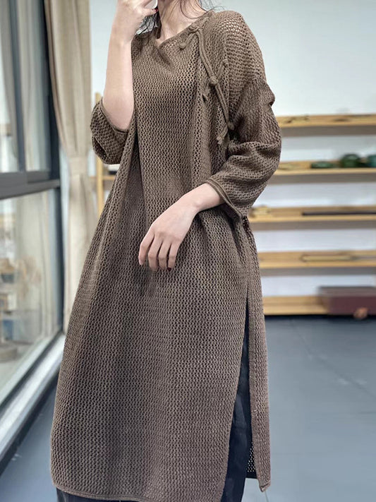 flowersverse Asymmetric Hollow Split-side Long Sleeves Loose Round-neck Sweater Tops