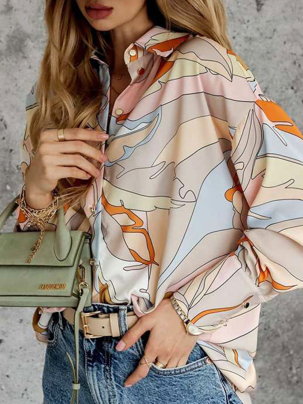 flowersverse Casual Loose Printed Lapel Collar Blouses&Shirts Tops