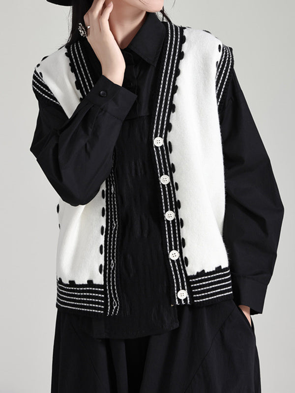 flowersverse Buttoned Contrast Color Loose Sleeveless V-Neck Vest Outerwear