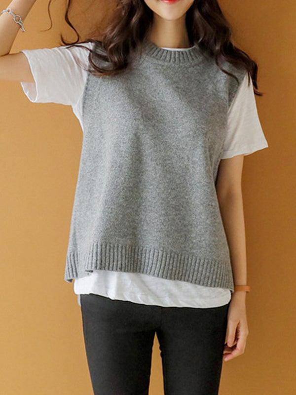 flowersverse Simple Sleeveless Loose Buttoned Solid Color Round-Neck Sweater Vest Outerwear