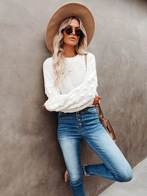 flowersverse Trendy Tops Puff Sleeves Loose Solid Color Round-Neck Sweater Tops