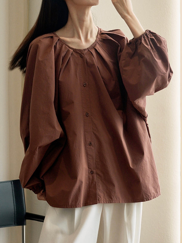 flowersverse Buttoned Elasticity Pleated Solid Color Bishop Sleeve Long Sleeves Round-Neck Blouses&Shirts Tops
