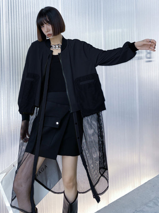 flowersverse Stylish Split-Joint With Pocket Mesh Buttoned Stand Collar Long Sleeves Jacket Outwear