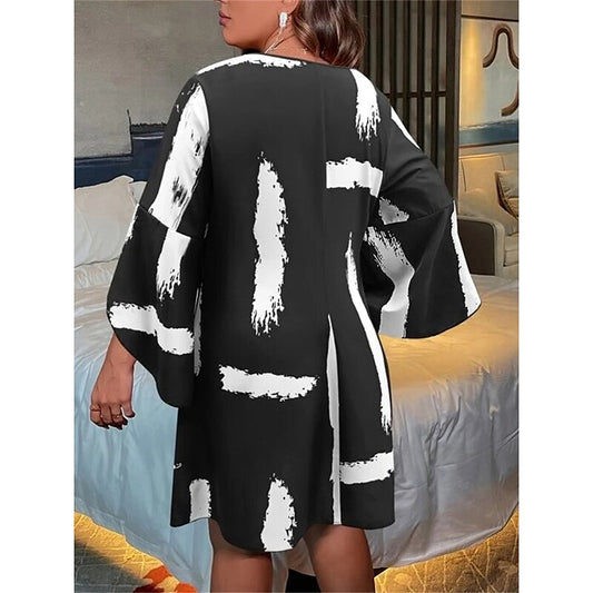 flowersverse Women's Plus Size Casual Dress Shift Dress Color Block Midi Dress Long Sleeve Print Crew Neck Fashion Daily Black Spring Fall L XL XXL 3XL 4XL