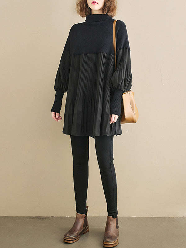 flowersverse Knitting Pleats Split-Joint High-Neck Pullover Top