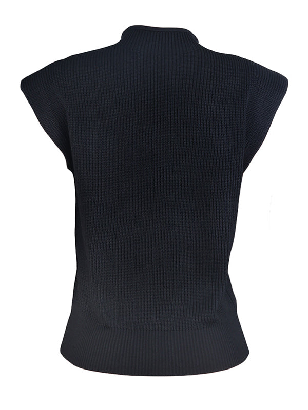 flowersverse Casual Cap Sleeve Solid Color High-Neck Sweater Tops Pullovers