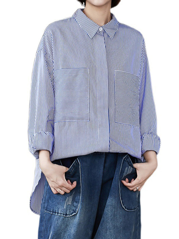 flowersverse Loose Casual Striped Split-Joint With Pocket Lapel Collar Long Sleeves Blouse
