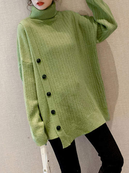 flowersverse Asymmetric Buttoned High-low Long Sleeves High-neck Sweater Tops Pullovers Knitwear