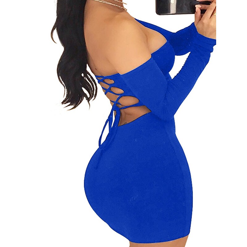 flowersverse Women's Semi Formal Dress Party Dress Bodycon Sheath Dress Mini Dress Black White Wine Long Sleeve Pure Color Backless Spring Fall Winter Off Shoulder Party Vacation Spring Dress Slim S M L XL