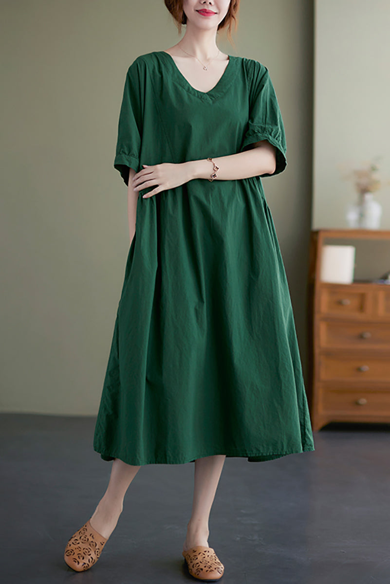 flowersverse Plus Size Women's Cotton Linen Short Sleeve Dress