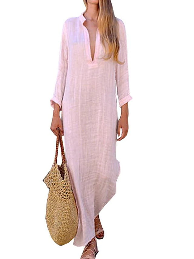 flowersverse Women's A-Line Dress Maxi Long Dress Long Sleeve Solid Color Summer V Neck Hot Casual Boho Red Yellow Blushing Pink Light Blue