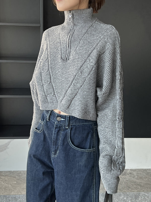 flowersverse Simple Batwing Sleeves Long Sleeves Jacquard Solid Color Lapel Collar Sweater Tops