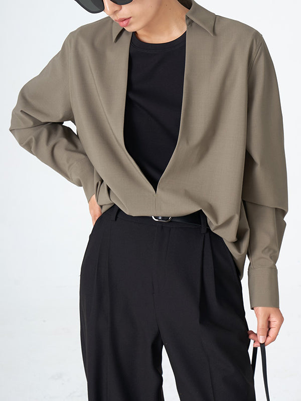flowersverse Solid Color Long Sleeves Loose Deep V-Neck Blouses&Shirts Tops