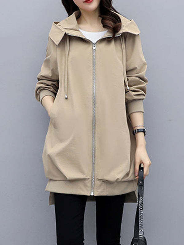 flowersverse Casual Loose 4 Colors Pleated Zipper Hooded Long Sleeves Outwear