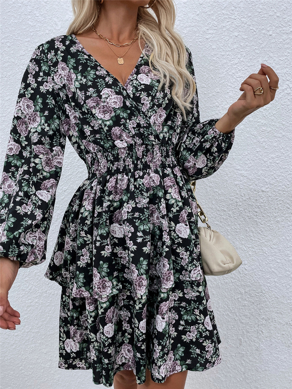 flowersverse Women Spring Fall V Neck Long Sleeve Floral A Line Dress For Ladies Fashion Puff Sleeve Printed All Match Waist Dress
