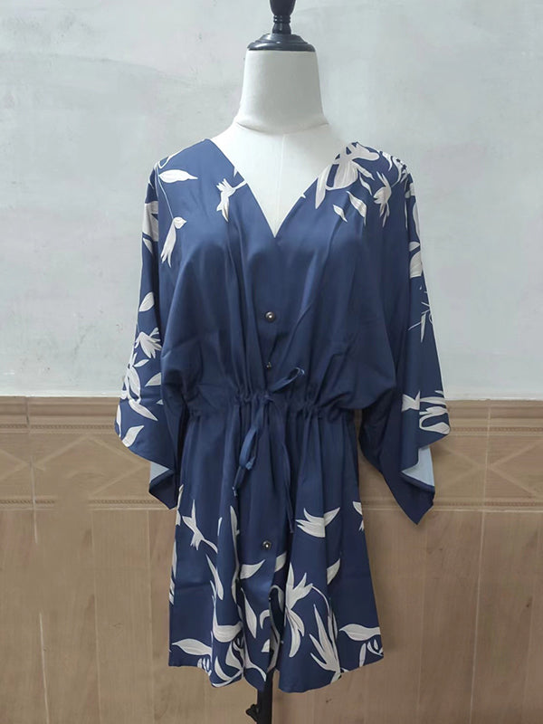 flowersverse Original Loose Floral Printed Contrast Color Tied Buttoned Mini Shirt Dress