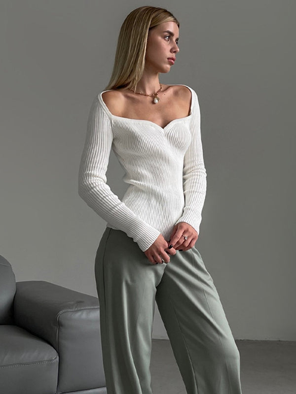 flowersverse Urban Skinny Solid Color Square-Neck Sweater Tops