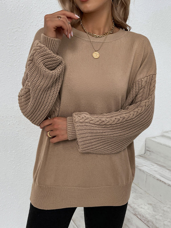 flowersverse Knitted Twist Long Sleeves Solid Color Round-Neck Sweater Tops