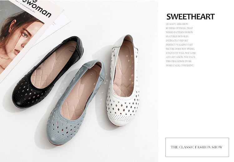 flowersverse Spring Genuine Leather Flat Summer Shoes Women Casual Hollow Breathable Soft Bottom Ladies Flats Plus Size 35-43